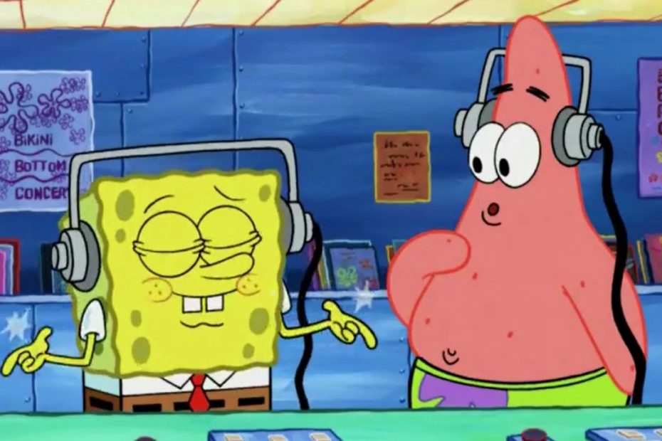 Spongebob and Patrick from TV Show listening to music on headphones